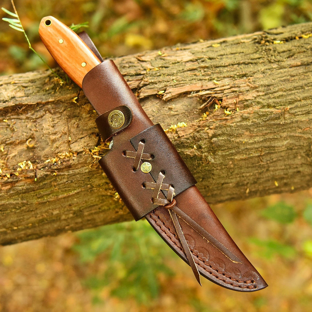 10 Inch Damascus Hunting Knife Stag Cutout with Olive Wood Handle and Sheath - Lavish Blade
