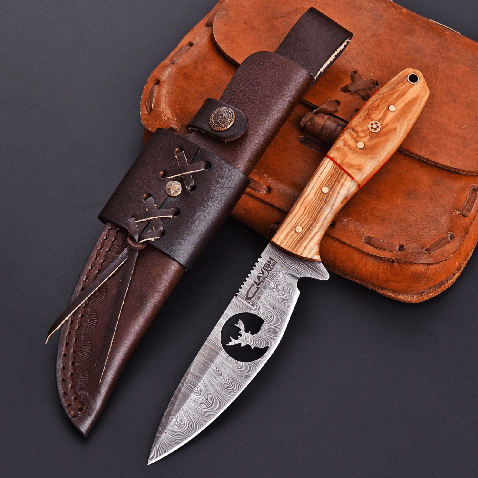 10 Inch Damascus Hunting Knife Stag Cutout with Olive Wood Handle and Sheath - Lavish Blade