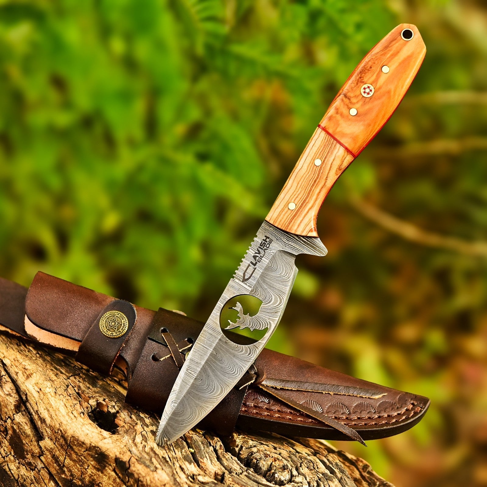 10 Inch Damascus Hunting Knife Stag Cutout with Olive Wood Handle and Sheath - Lavish Blade