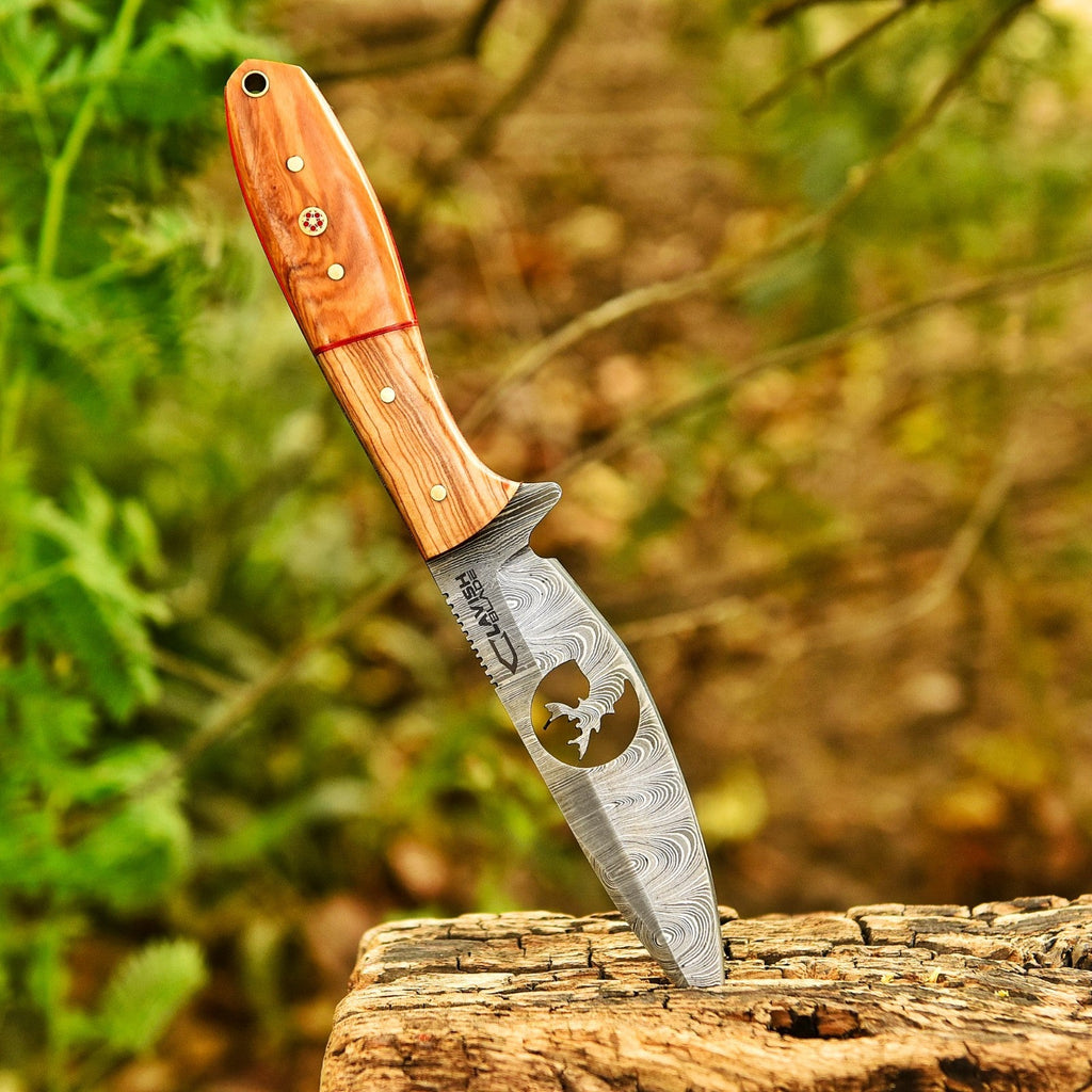 10 Inch Damascus Hunting Knife Stag Cutout with Olive Wood Handle and Sheath - Lavish Blade