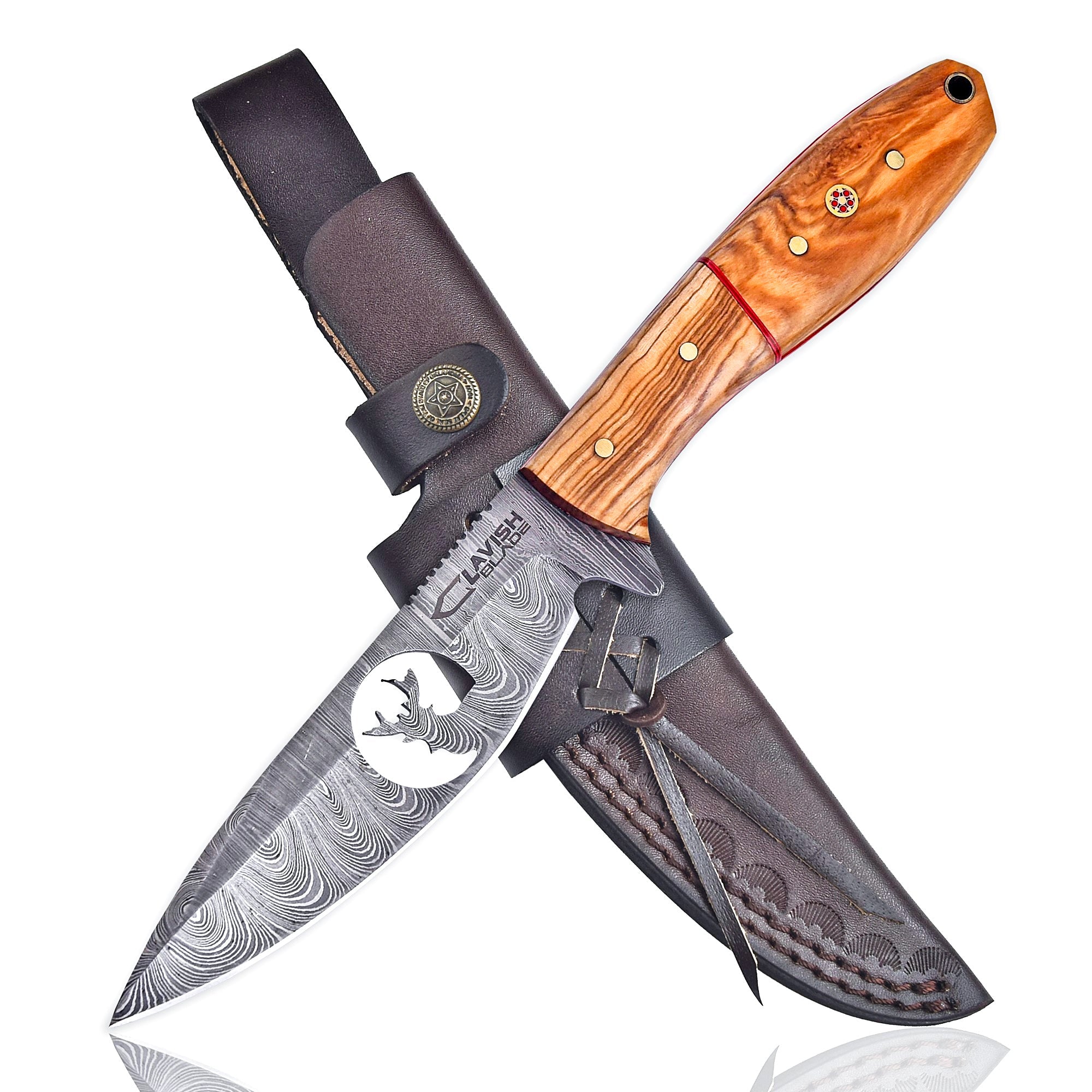 10 Inch Damascus Hunting Knife Stag Cutout with Olive Wood Handle and Sheath - Lavish Blade