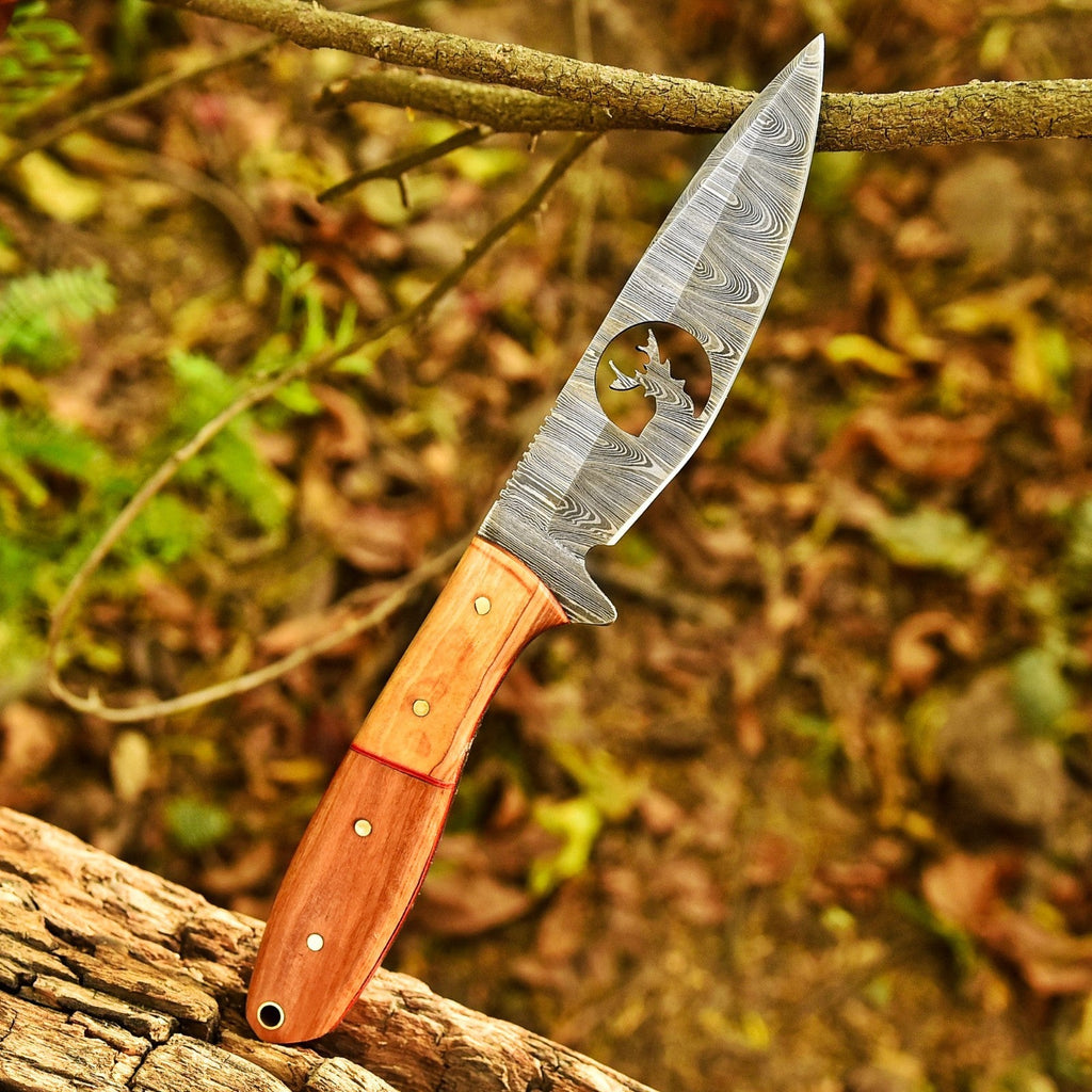 10 Inch Damascus Hunting Knife Stag Cutout with Olive Wood Handle and Sheath - Lavish Blade