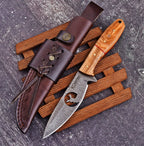 10 Inch Damascus Hunting Knife Stag Cutout with Olive Wood Handle and Sheath - Lavish Blade