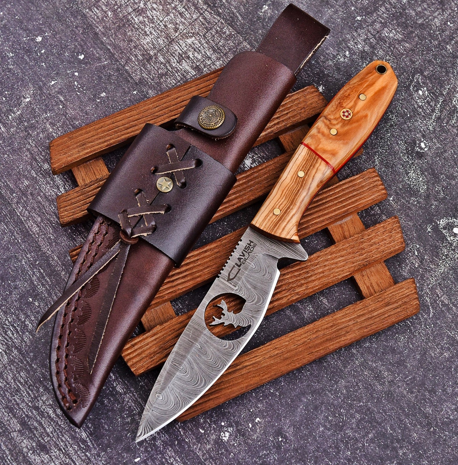 10 Inch Damascus Hunting Knife Stag Cutout with Olive Wood Handle and Sheath - Lavish Blade