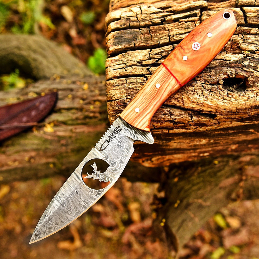 10 Inch Damascus Hunting Knife Stag Cutout with Olive Wood Handle and Sheath - Lavish Blade