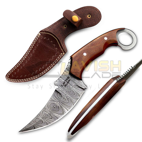 10 Inch Damascus Karambit Bowie Knife Rosewood Handle with Ring Pommel - Lavish Blade