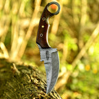 10 Inch Damascus Karambit Bowie Knife Rosewood Handle with Ring Pommel - Lavish Blade