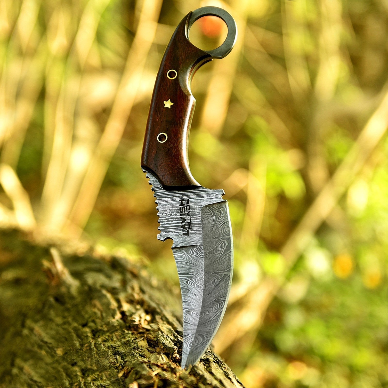10 Inch Damascus Karambit Bowie Knife Rosewood Handle with Ring Pommel - Lavish Blade