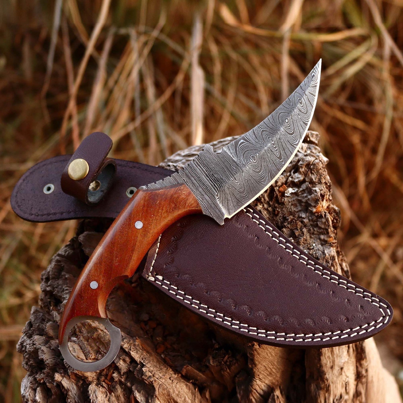 10 Inch Damascus Karambit Bowie Knife Rosewood Handle with Ring Pommel - Lavish Blade