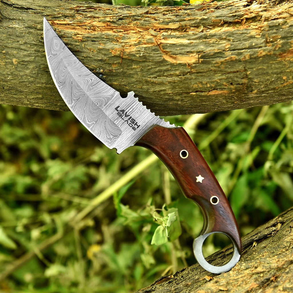 10 Inch Damascus Karambit Bowie Knife Rosewood Handle with Ring Pommel - Lavish Blade