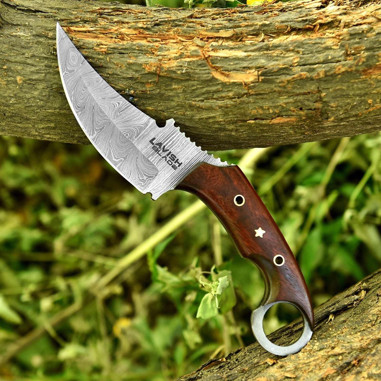 10 Inch Damascus Karambit Bowie Knife Rosewood Handle with Ring Pommel - Lavish Blade