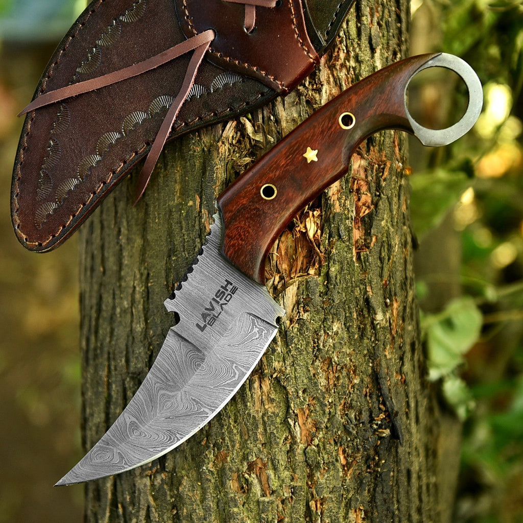 10 Inch Damascus Karambit Bowie Knife Rosewood Handle with Ring Pommel - Lavish Blade