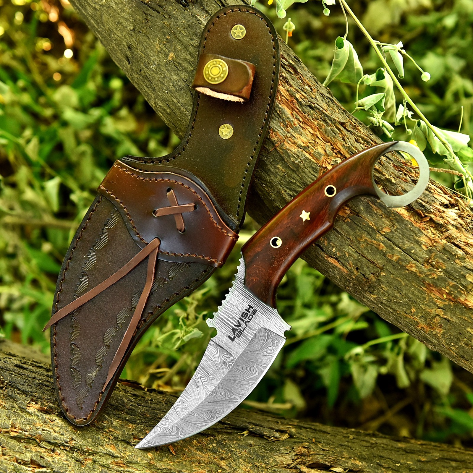 10 Inch Damascus Karambit Bowie Knife Rosewood Handle with Ring Pommel - Lavish Blade