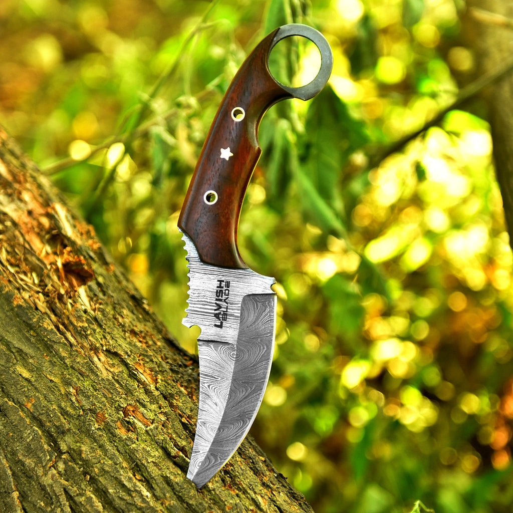 10 Inch Damascus Karambit Bowie Knife Rosewood Handle with Ring Pommel - Lavish Blade