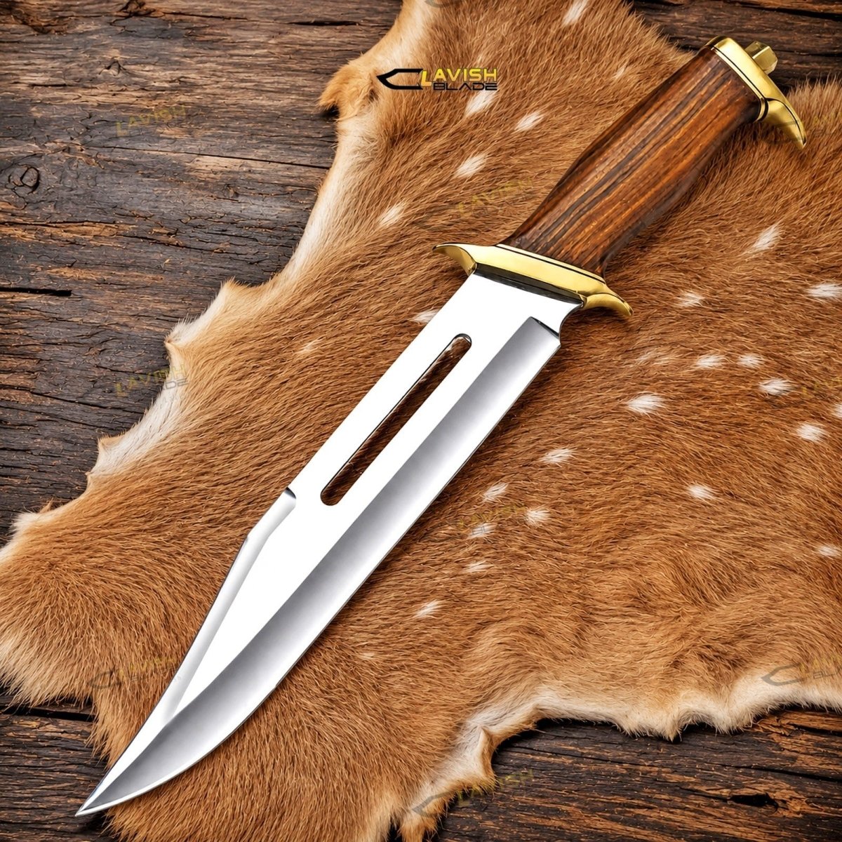 18 Inch D2 Bowie Knife Slotted Fuller with Rosewood Handle and Brass Guard - Lavish Blade