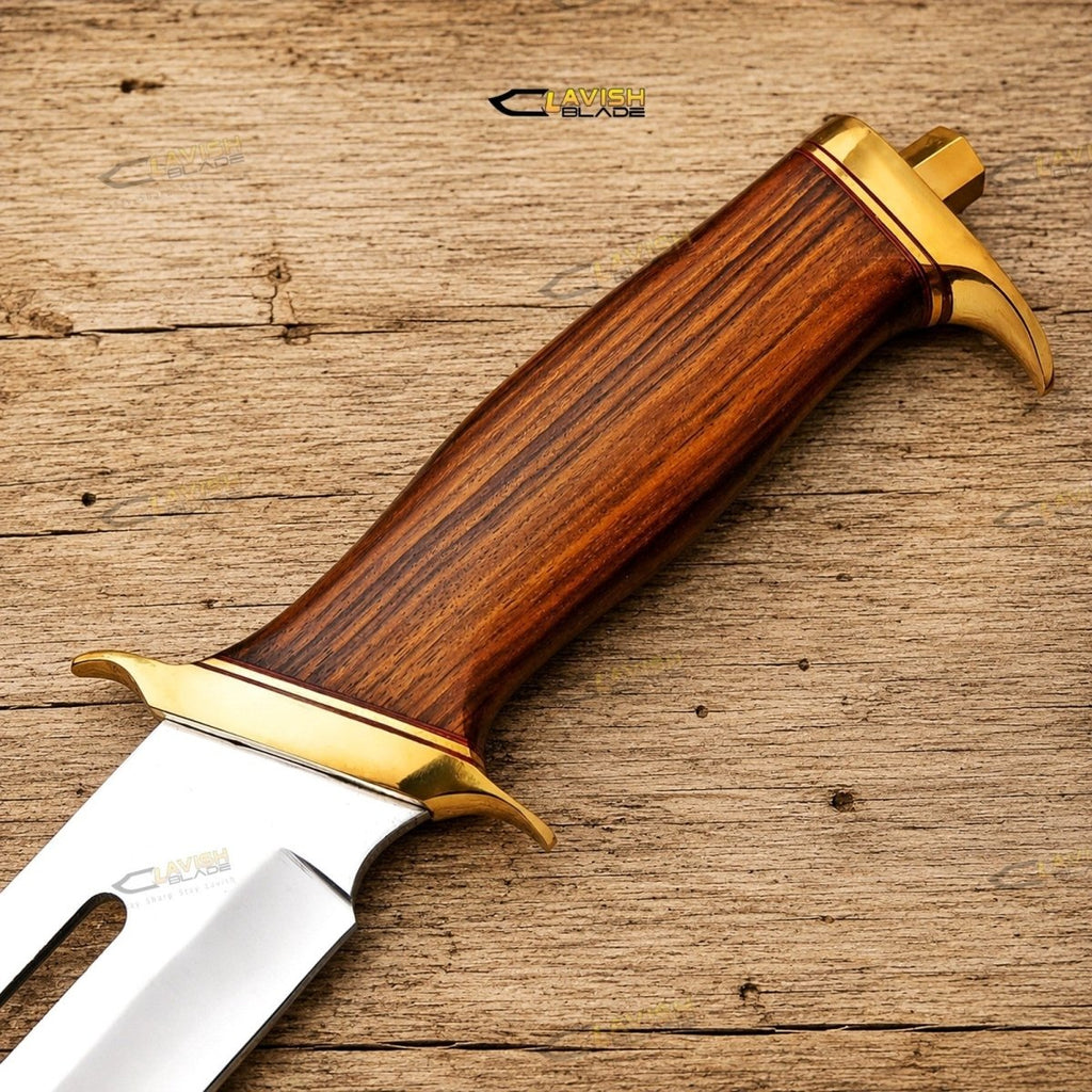 18 Inch D2 Bowie Knife Slotted Fuller with Rosewood Handle and Brass Guard - Lavish Blade