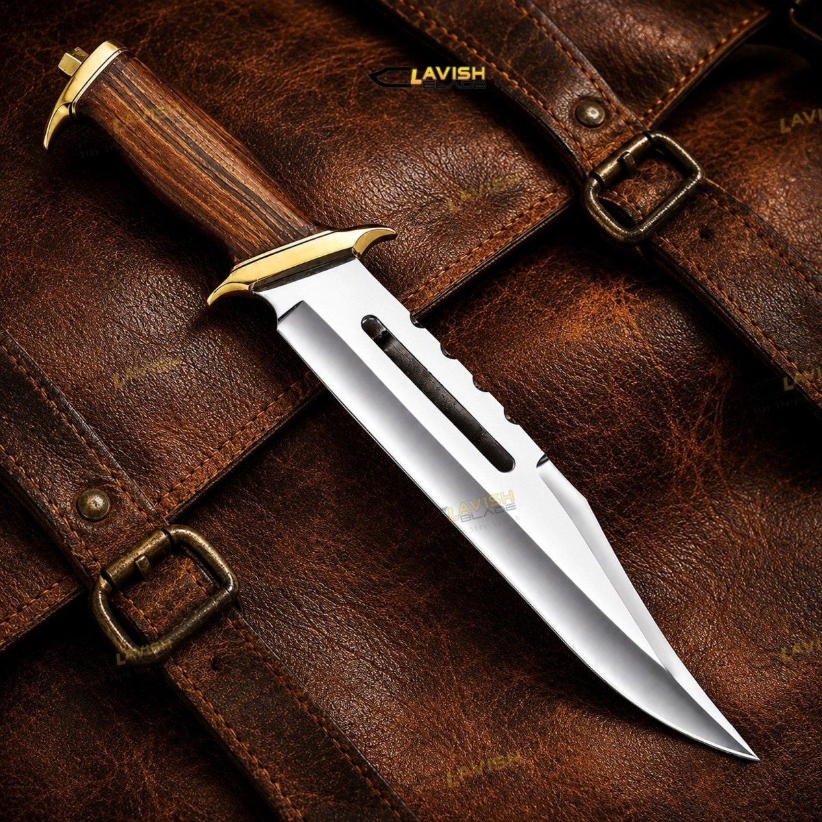 18 Inch D2 Bowie Knife Slotted Fuller with Rosewood Handle and Brass Guard - Lavish Blade