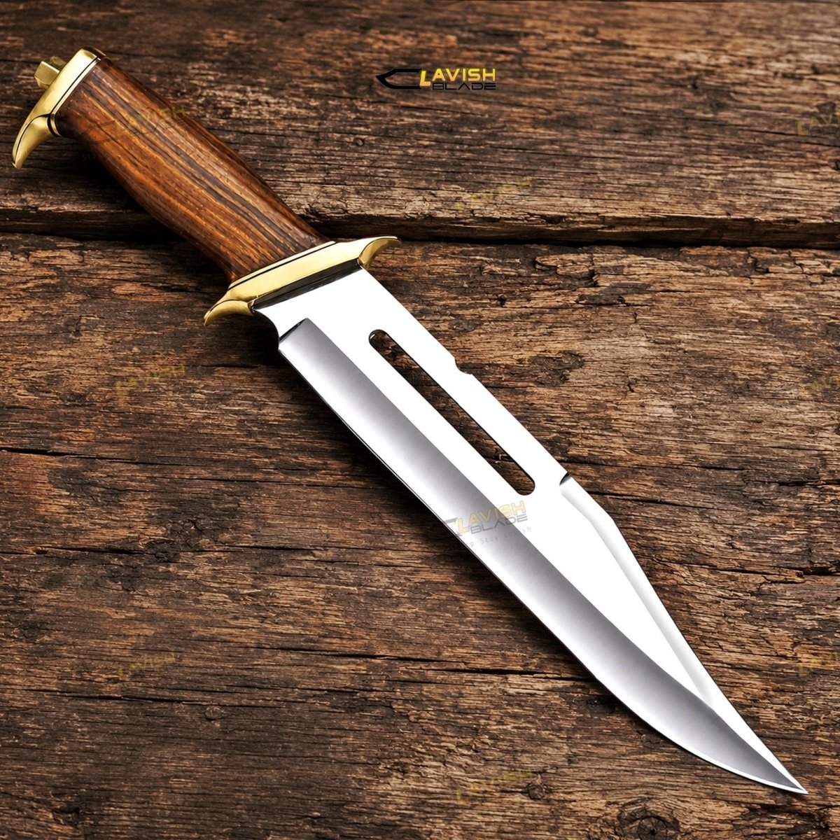 18 Inch D2 Bowie Knife Slotted Fuller with Rosewood Handle and Brass Guard - Lavish Blade