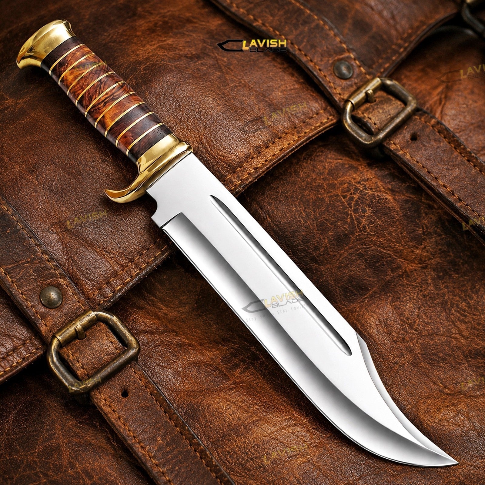 18 Inch D2 Steel Survival Bowie Knife High Polish with Brass and Rosewood Handle - Lavish Blade