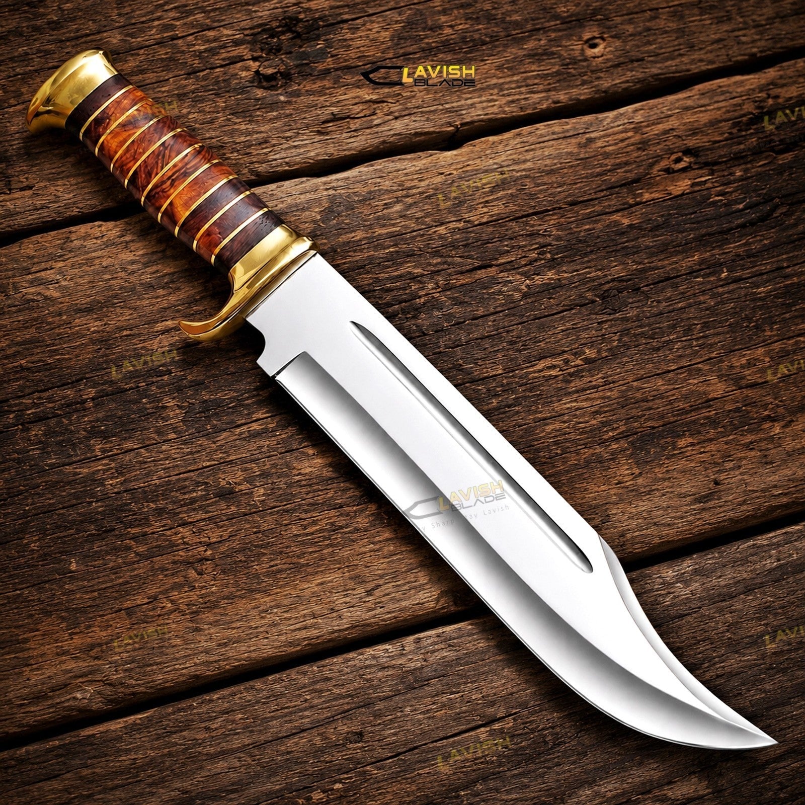 18 Inch D2 Steel Survival Bowie Knife High Polish with Brass and Rosewood Handle - Lavish Blade