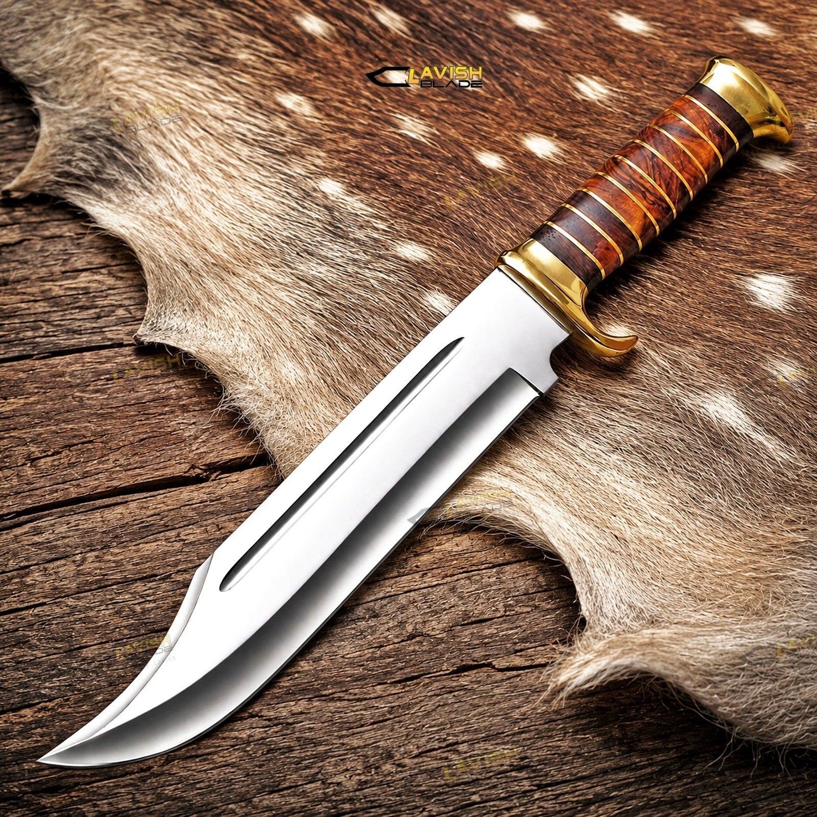 18 Inch D2 Steel Survival Bowie Knife High Polish with Brass and Rosewood Handle - Lavish Blade