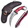 Handcrafted Damascus Karambit Knife 8.5 Inch Red Wood Handle with Sheath