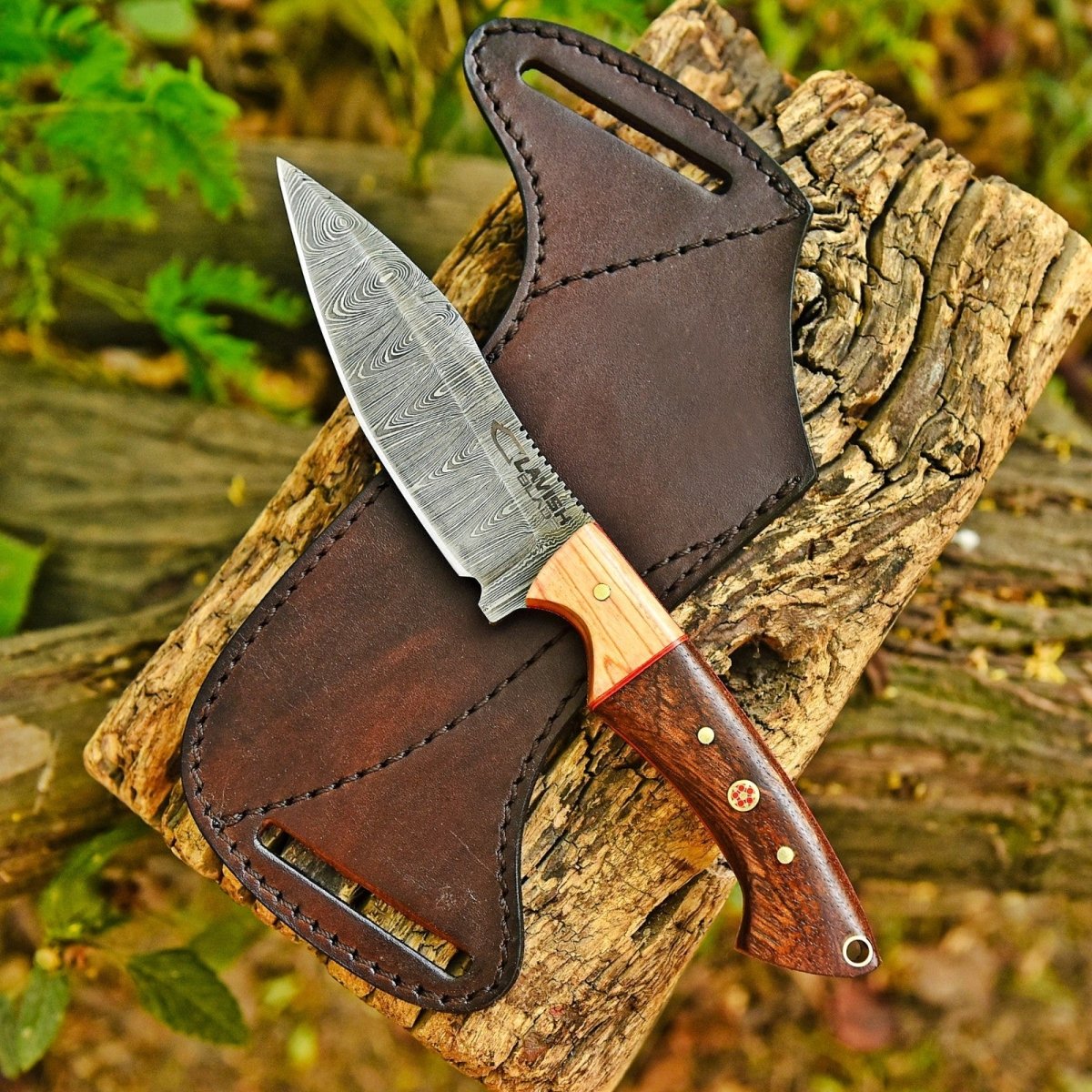 9 Inch Damascus Hunting Knife Two-Tone Wood Handle with Horizontal Scout Sheath - Lavish Blade