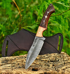 9 Inch Damascus Hunting Knife Two-Tone Wood Handle with Horizontal Scout Sheath - Lavish Blade