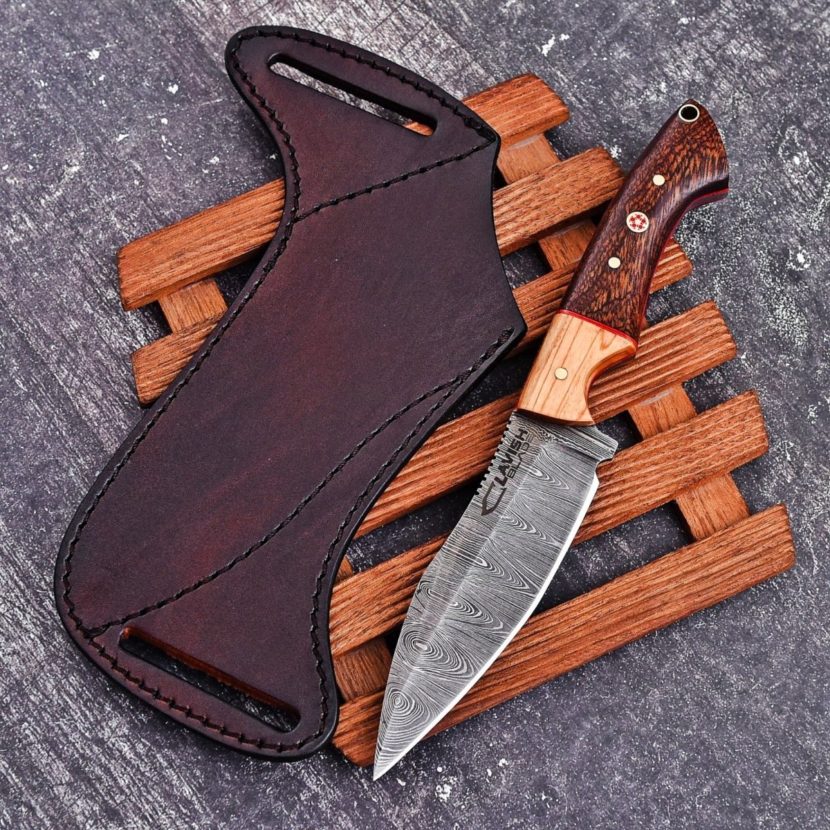 9 Inch Damascus Hunting Knife Two-Tone Wood Handle with Horizontal Scout Sheath - Lavish Blade
