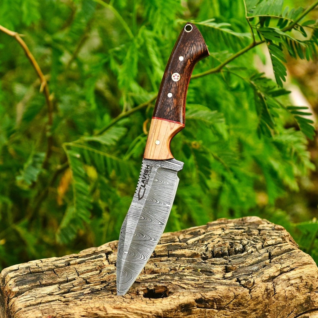 9 Inch Damascus Hunting Knife Two-Tone Wood Handle with Horizontal Scout Sheath - Lavish Blade