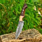 9 Inch Damascus Hunting Knife Two-Tone Wood Handle with Horizontal Scout Sheath - Lavish Blade