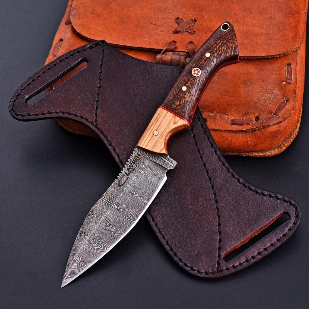 9 Inch Damascus Hunting Knife Two-Tone Wood Handle with Horizontal Scout Sheath - Lavish Blade
