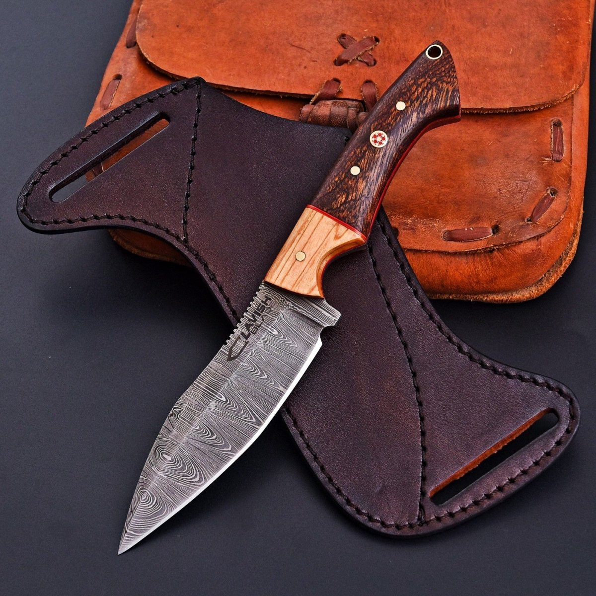 9 Inch Damascus Hunting Knife Two-Tone Wood Handle with Horizontal Scout Sheath - Lavish Blade