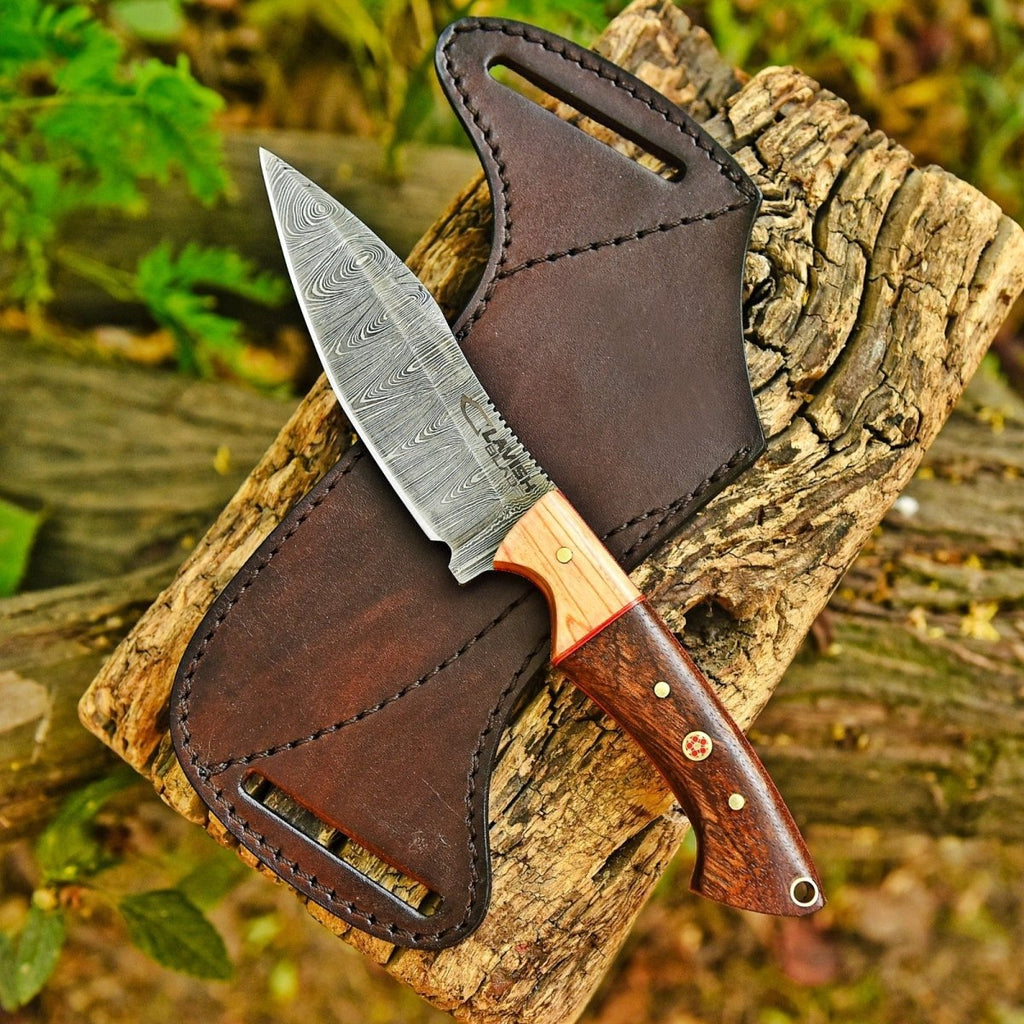 9 Inch Damascus Hunting Knife Two-Tone Wood Handle with Horizontal Scout Sheath - Lavish Blade