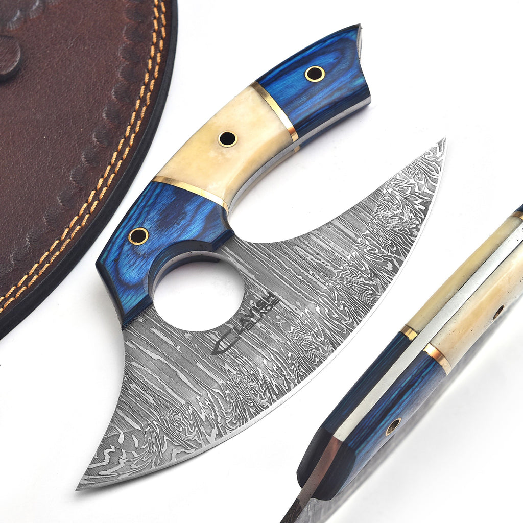 Handmade Damascus Ulu Knife 7 Inch Bone and Wood Handle with Leather Sheath