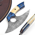 Handmade Damascus Ulu Knife 7 Inch Bone and Wood Handle with Leather Sheath