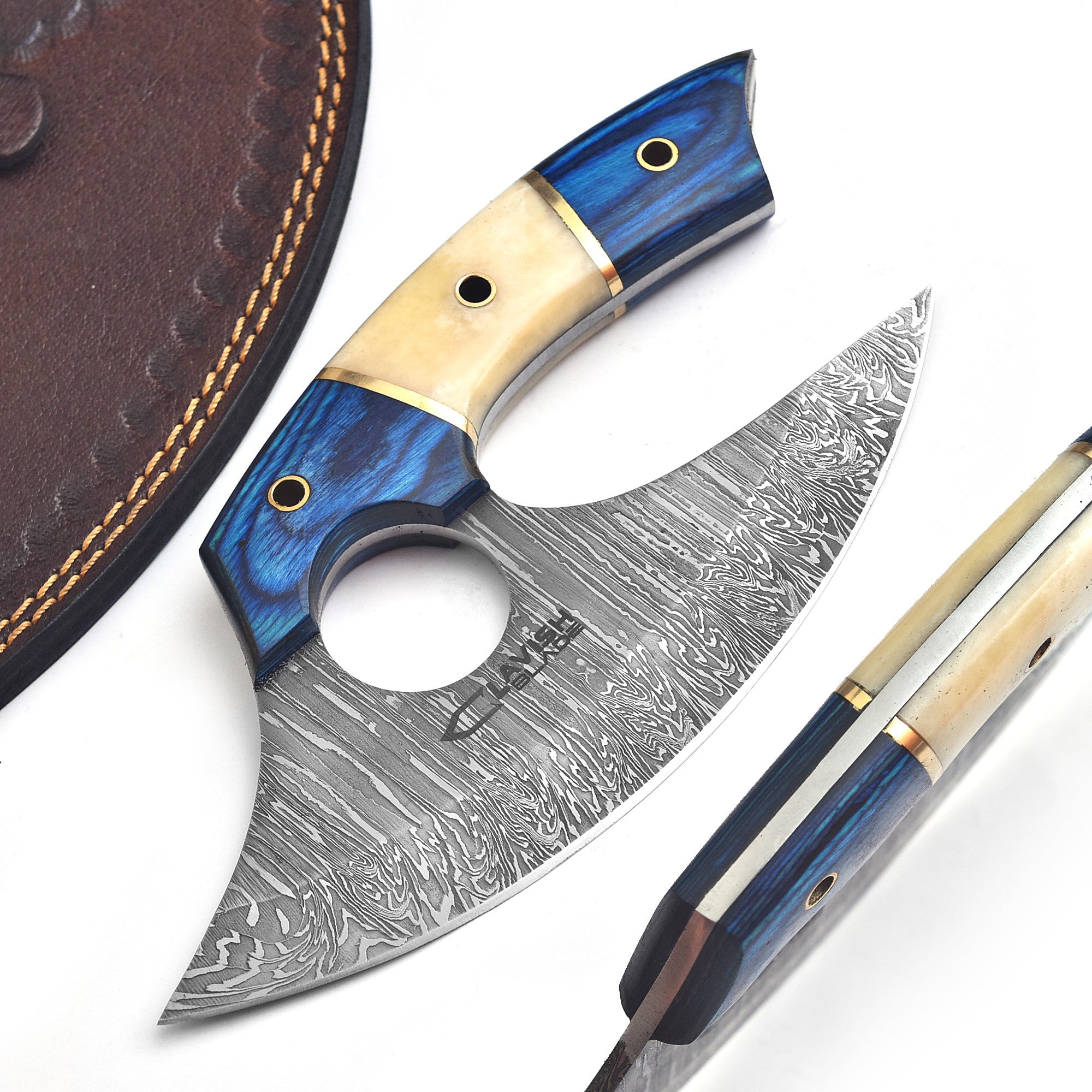 Handmade Damascus Ulu Knife 7 Inch Bone and Wood Handle with Leather Sheath