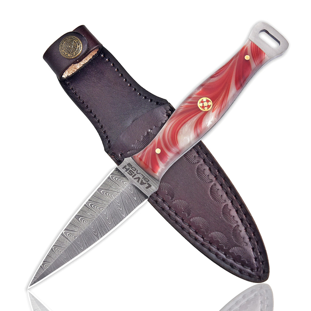 Handmade Damascus Fire Dagger 8 Inch Pearl Fire Resin Handle with Sheath