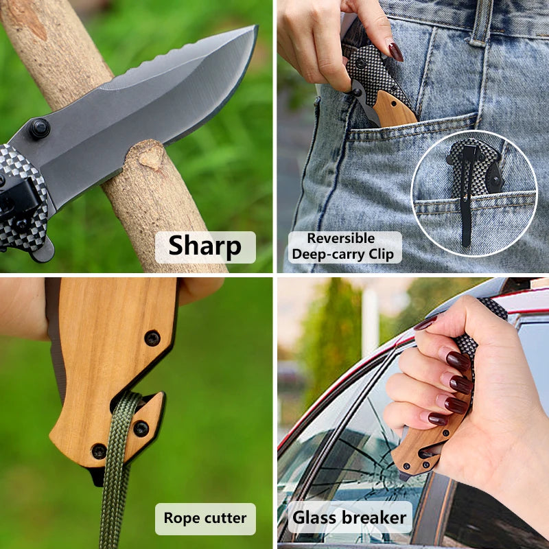 Folding Pocket Knife — 3Cr13 Steel Blade, Wood Handle, Camping & EDC