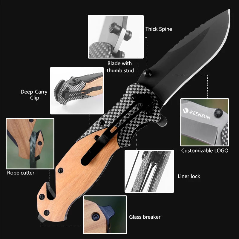 Folding Pocket Knife — 3Cr13 Steel Blade, Wood Handle, Camping & EDC