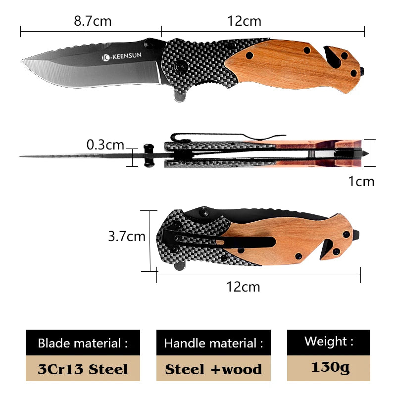 Folding Pocket Knife — 3Cr13 Steel Blade, Wood Handle, Camping & EDC