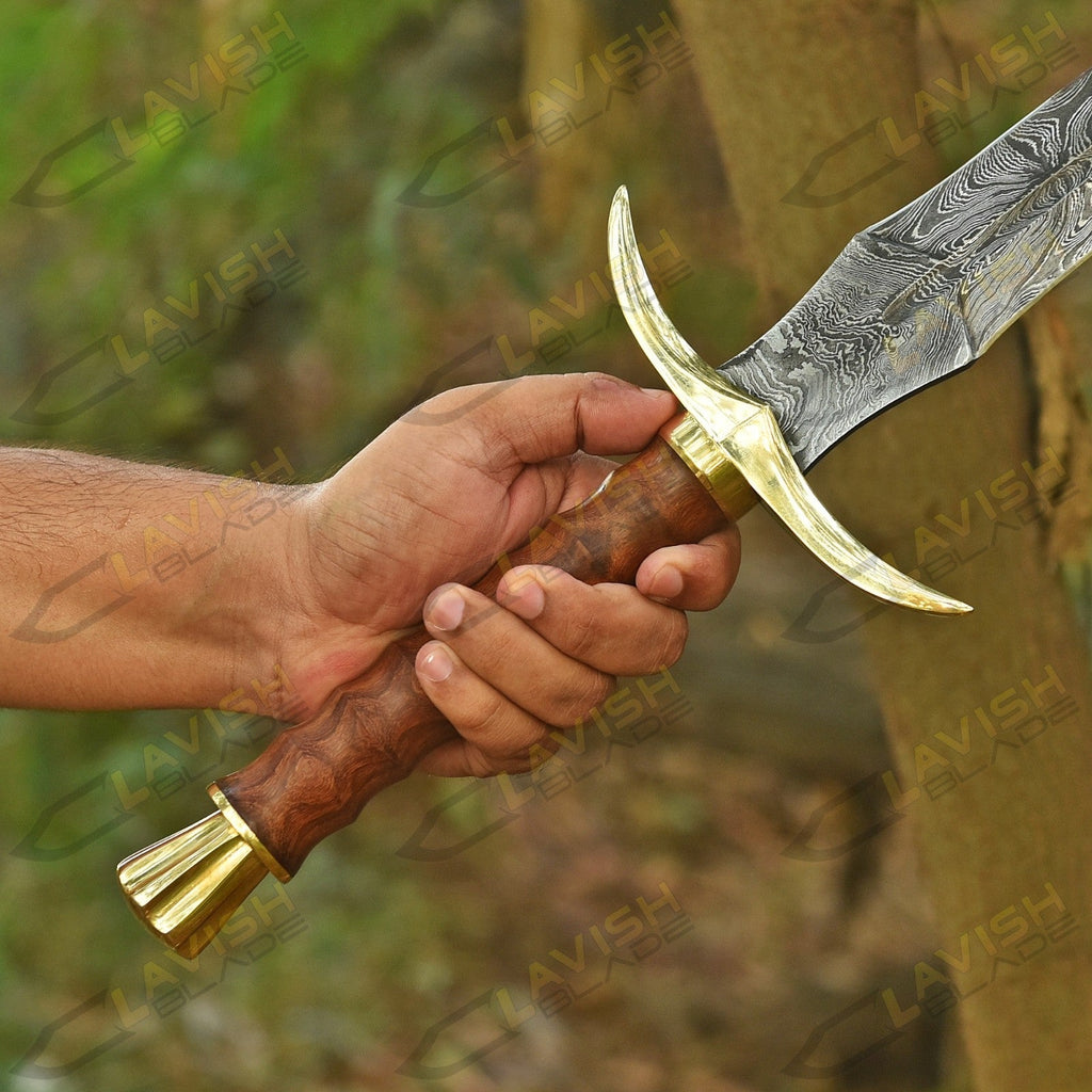 Custom Damascus Viking Sword 32 Inch Rosewood Handle with Brass Guard - Lavish Blade