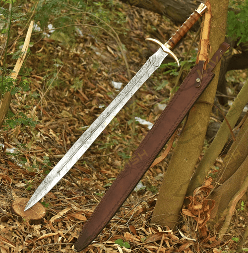 Custom Damascus Viking Sword 32 Inch Rosewood Handle with Brass Guard - Lavish Blade