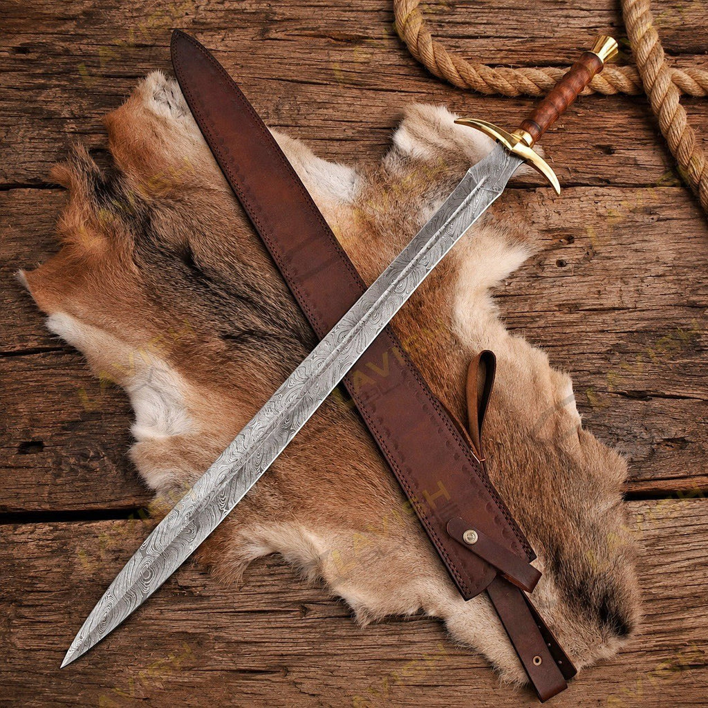 Custom Damascus Viking Sword 32 Inch Rosewood Handle with Brass Guard - Lavish Blade