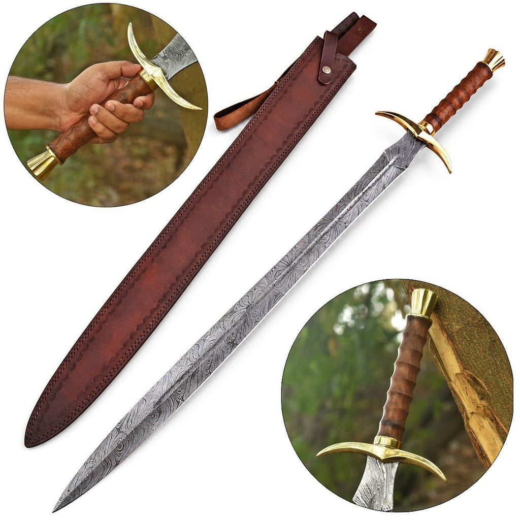 Custom Damascus Viking Sword 32 Inch Rosewood Handle with Brass Guard - Lavish Blade