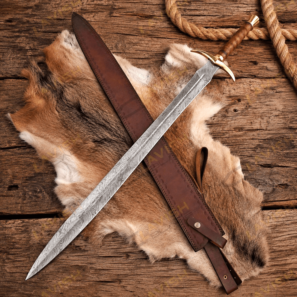 Custom Damascus Viking Sword 32 Inch Rosewood Handle with Brass Guard - Lavish Blade