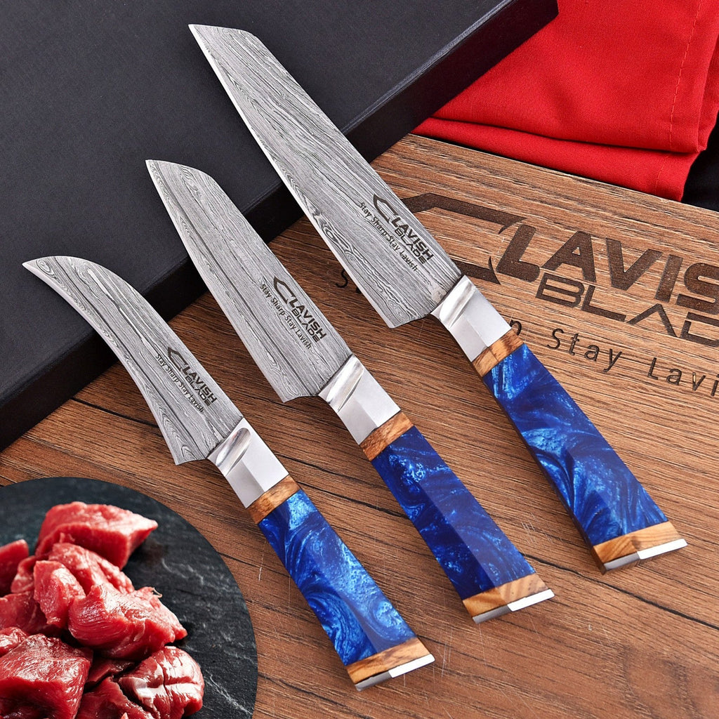 Damascus 3 Piece Chef Knife Set Blue Resin and Wood with Velvet Gift Box - Lavish Blade