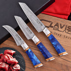 Damascus 3 Piece Chef Knife Set Blue Resin and Wood with Velvet Gift Box - Lavish Blade