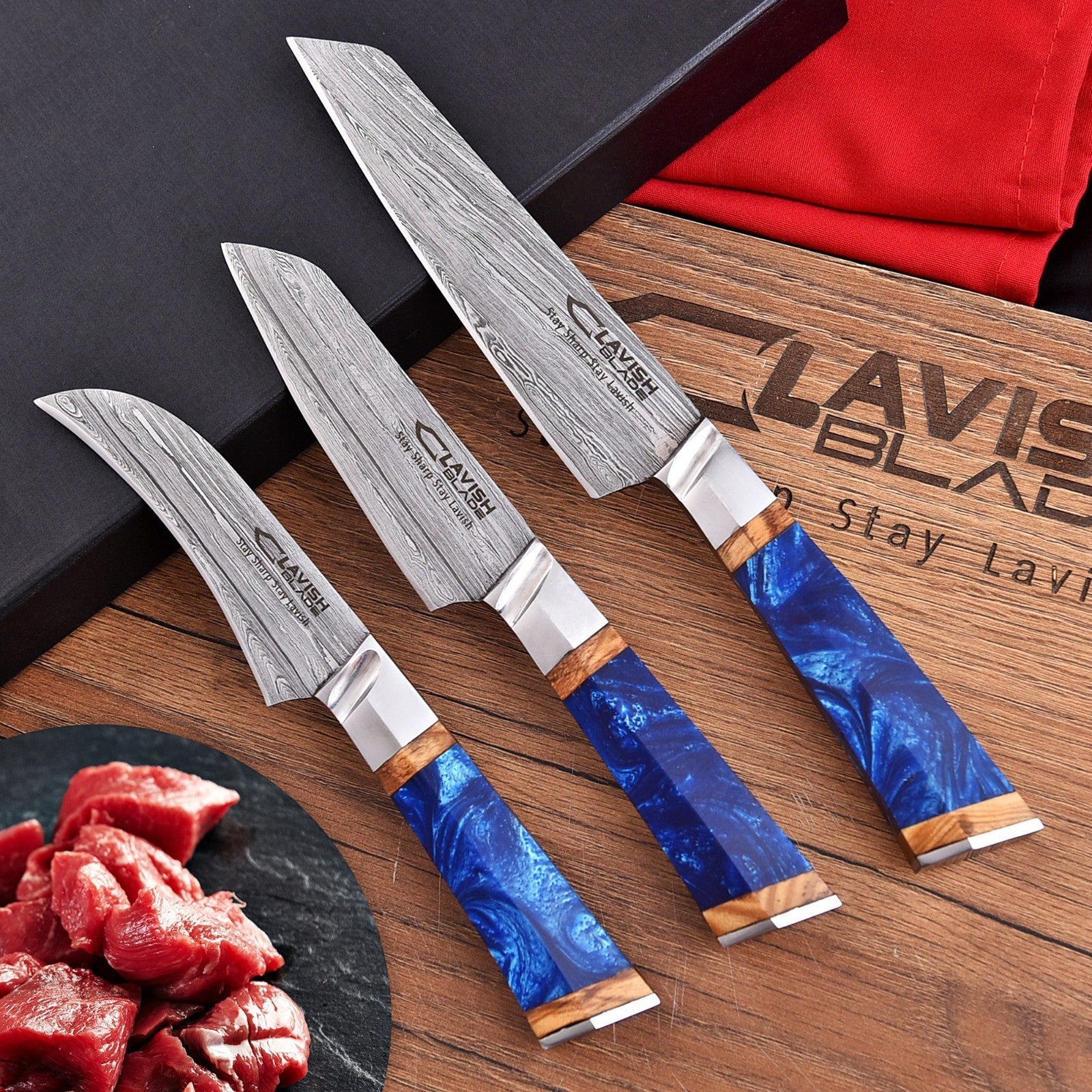 Damascus 3 Piece Chef Knife Set Blue Resin and Wood with Velvet Gift Box - Lavish Blade