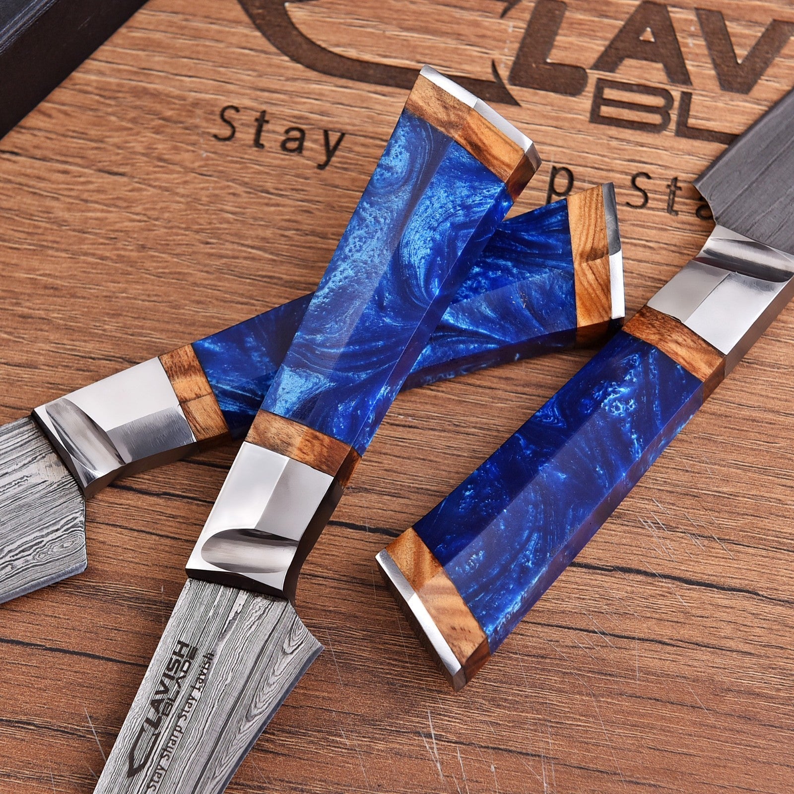 Damascus 3 Piece Chef Knife Set Blue Resin and Wood with Velvet Gift Box - Lavish Blade